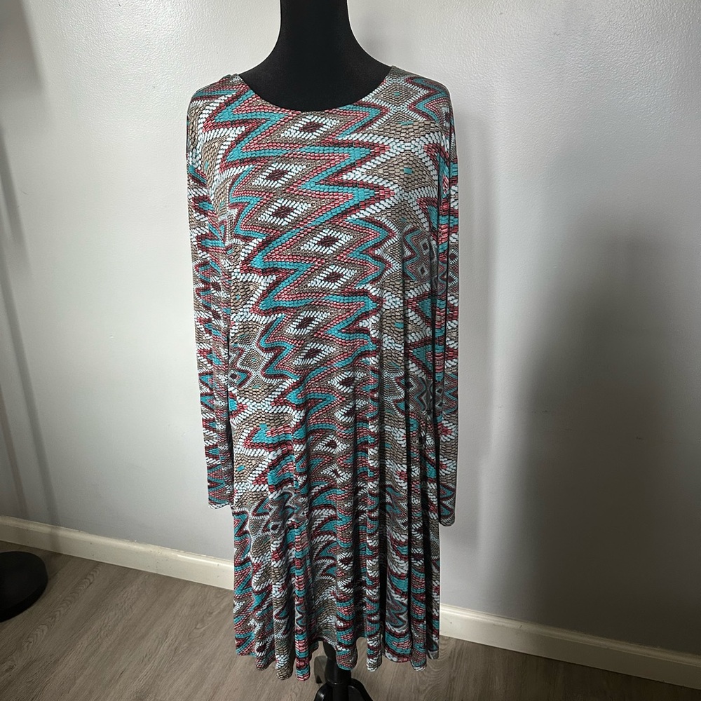 Misa Los Angeles Gray and Pink A-Line Long Sleeve Dress